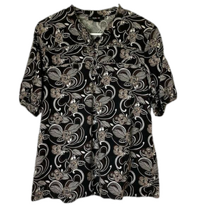 STYLE & CO. Floral Lettuce Trimming Accent Top, Women’s XL, Black White Tan